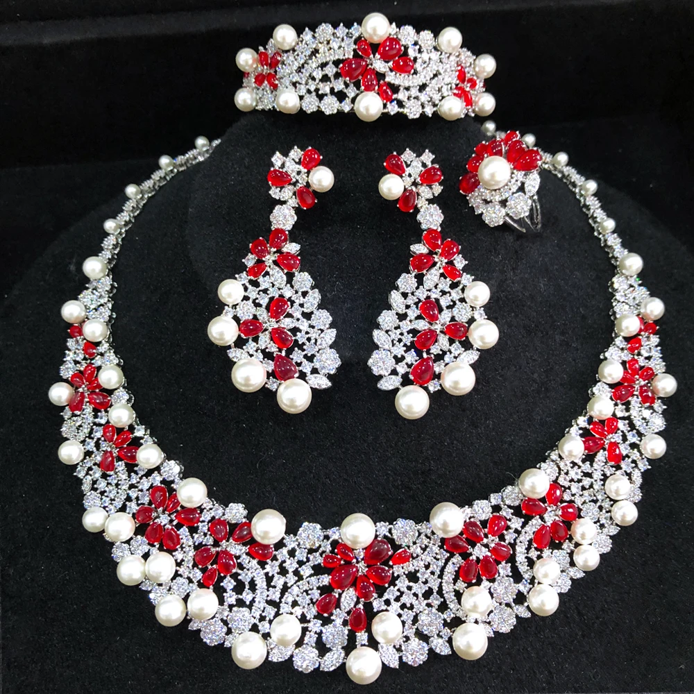 Missvikki NEW Gorgeous Trendy Luxury pearls 4 Jewelry Sets For Women Wedding Party Zircon Crystal Dubai Bridal Jewelry Set Gift