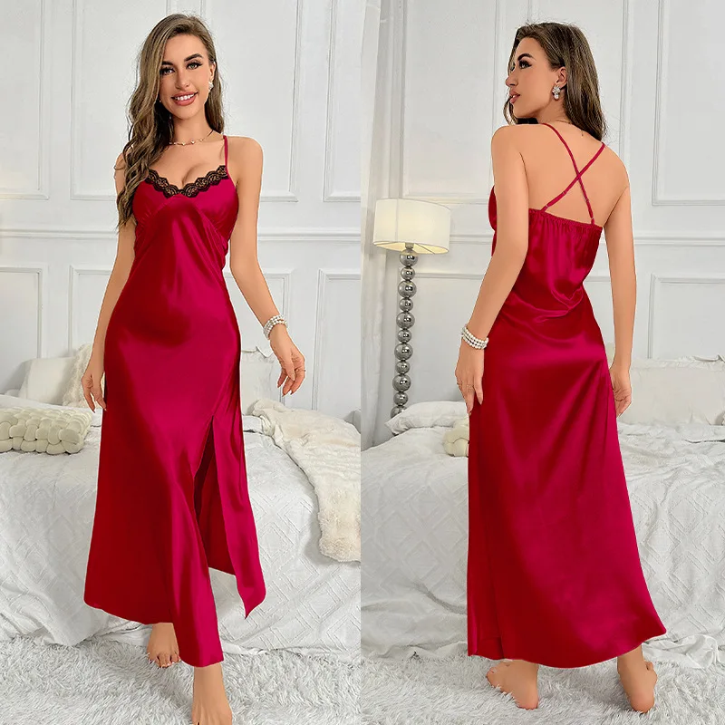 Sexy Split Home Dress V -Neck Sleepwear Satin Suspender Nightgown Leisure Lace Hollow Out Lingerie Nightwear Women Underwear