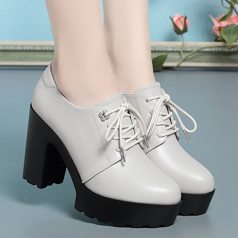 

British Style Soft Leather Chunky Platform Shoes 2024 Spring Block High Heels Shoes Women Oxfords For Office Model 9.5 cm