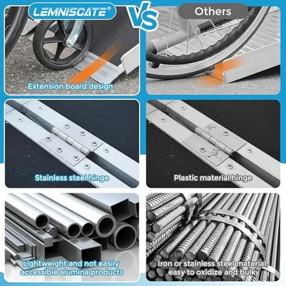 Ramp Portabel Aluminium 7FT untuk Kursi Roda, Pintu Rumah, Trotoar, Anti-Selip, Lipat, dengan Strip Reflektif dan Bantalan Anti-Selip, Kapasitas 800lbs