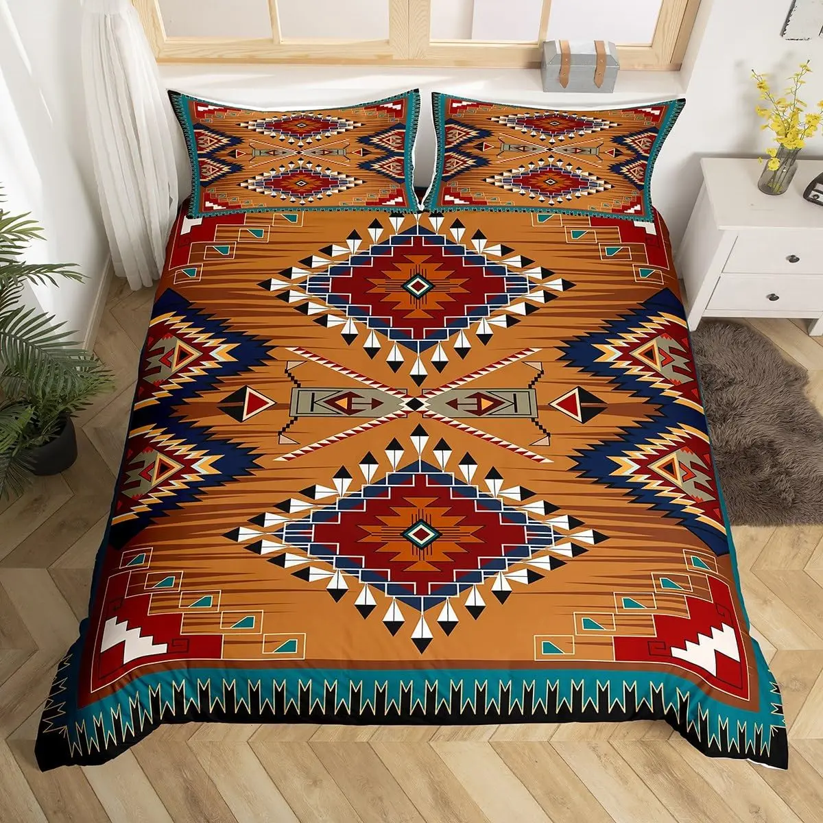 Bohemian Southwestern Native Duvet Cover Set Boho Aztec Bedding Set with Pillowcases Vintage Farmhouse Quilt Cover Single