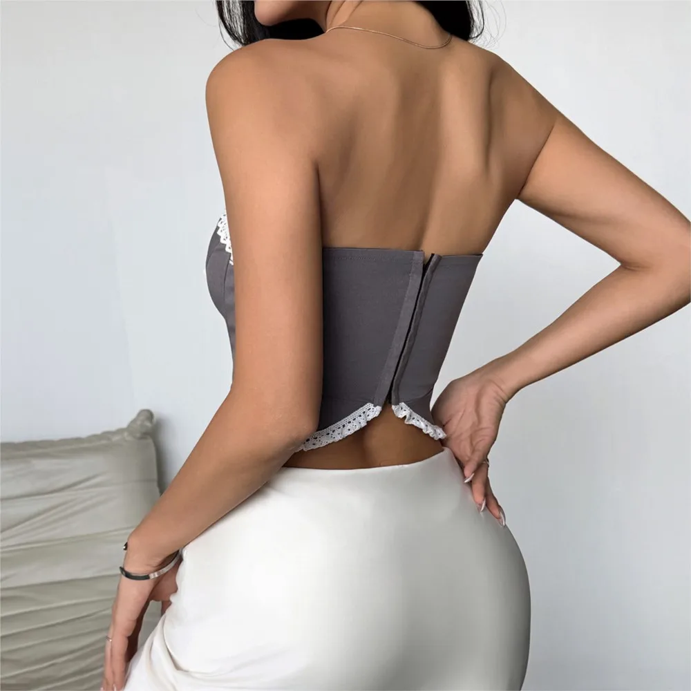 Lace Splicing Vest Bow Fishbone Zipper Summer Women's Clothing Sexy Hot Girl Slim-fit Chest-wrapped Top Ropa Mujer Y2k Clothes