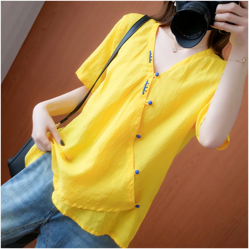 LZJN New 2025 Summer White Yellow Linen Cotton Shirt Tops Casual Dailywear Pullover Blouse for Women/Young Ladies