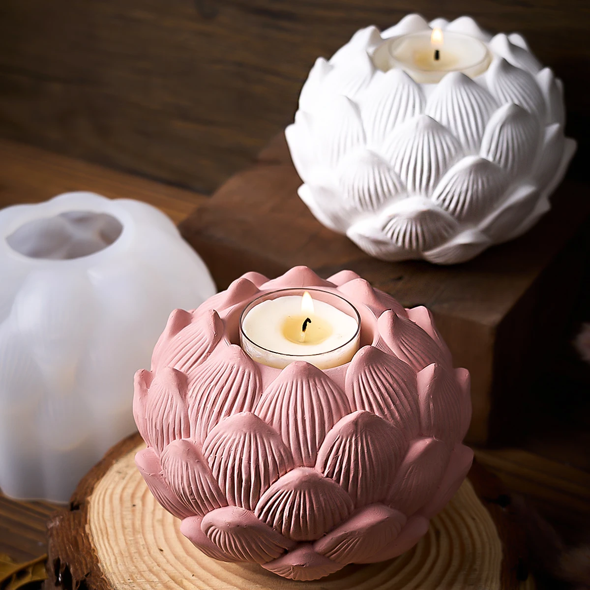 Lotus Aroma Candlestick Mold 3D Lotus Cement Plaster Casting Candle Holder Vessel Silicone Mold DIY Round Ball Shape Resin Mould