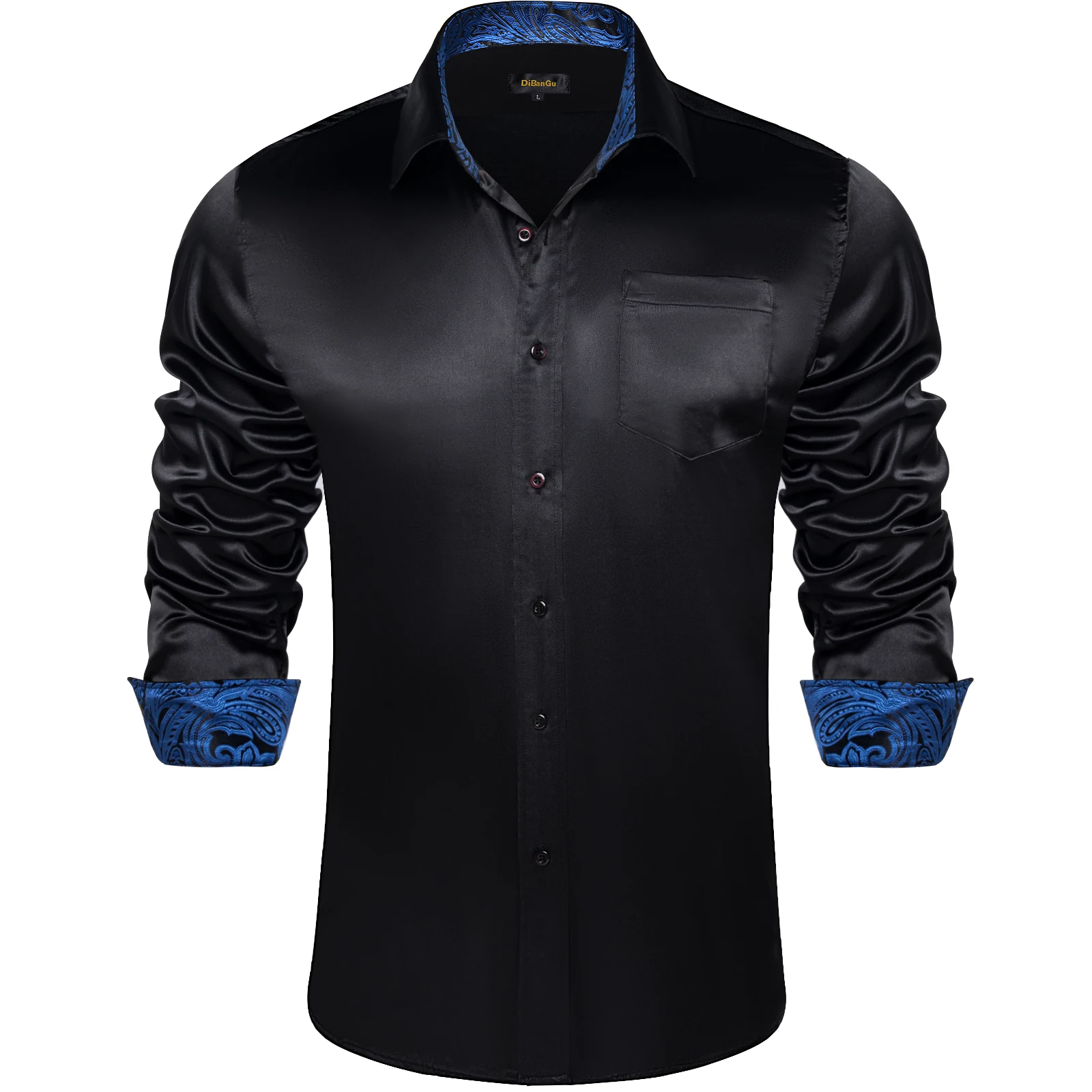 Satin Solid Black Men\'s Shirt with Blue Paisley Patchwork Collar Cuff Fashion Casual Polyester Long Sleeve Dress Shirts for Men