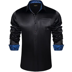 Satin Solid Black Men's Shirt with Blue Paisley Patchwork Collar Cuff Fashion Casual Polyester Long Sleeve Dress Shirts for Men