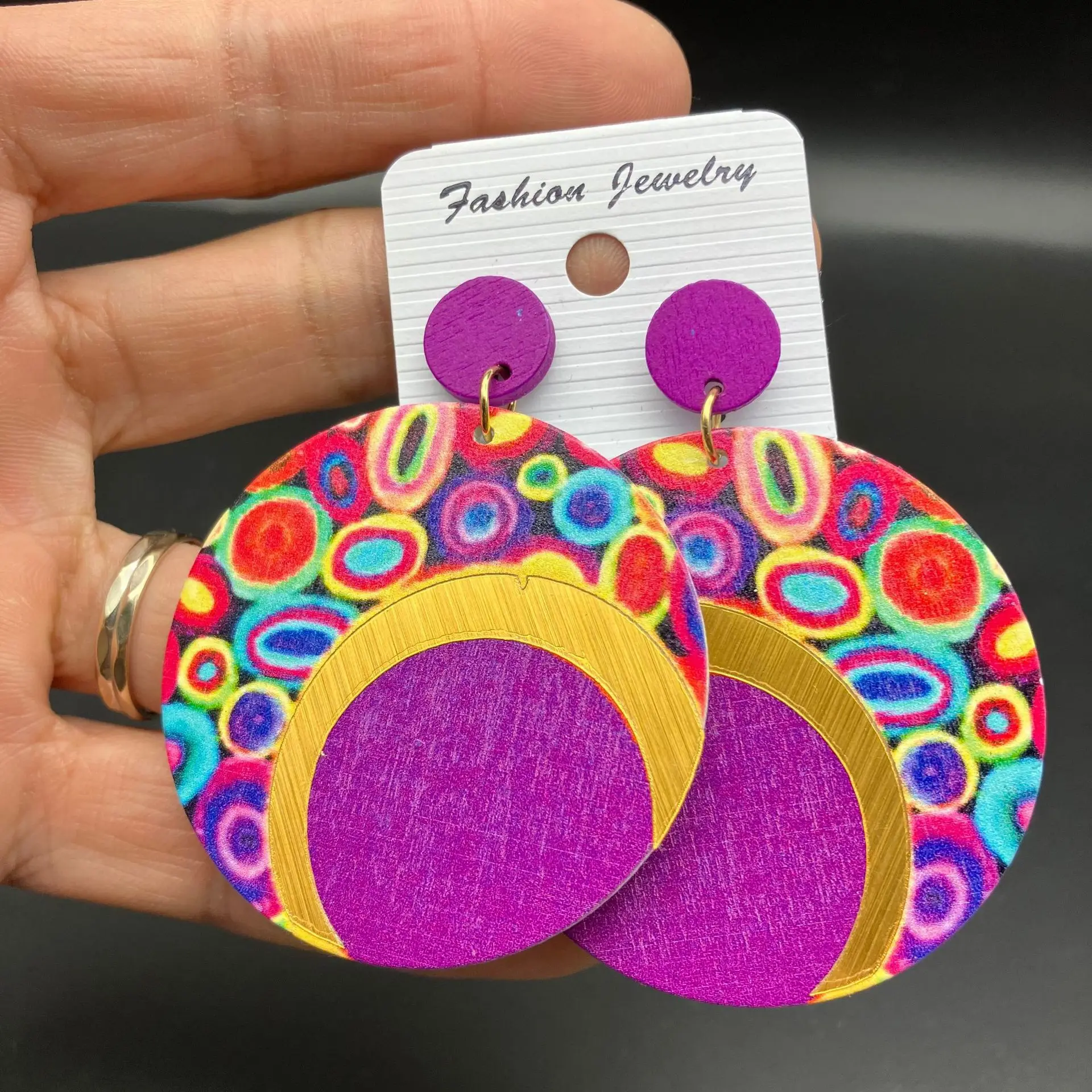 New Bohemian Earrings Wooden Color Contrast Printing Round Color Large Earrings Vintage Ethnic Style Ear Rings Gift Wholesale