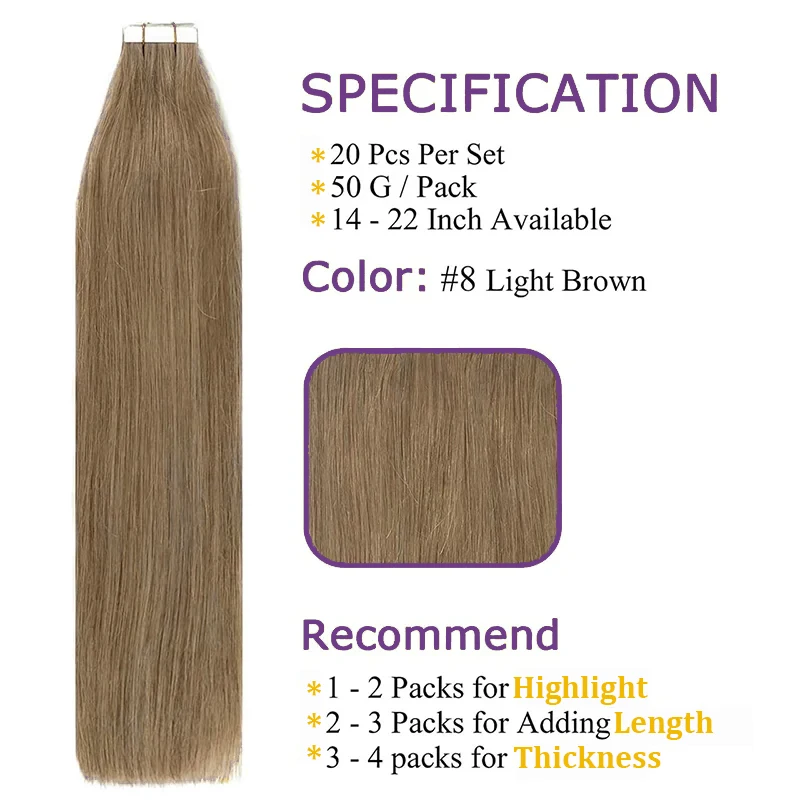 Tape In-extensiones de cabello liso sedoso para mujer, cabello humano 100% Real sin costuras, ceniza #8 Color marrón, 20, 40 piezas