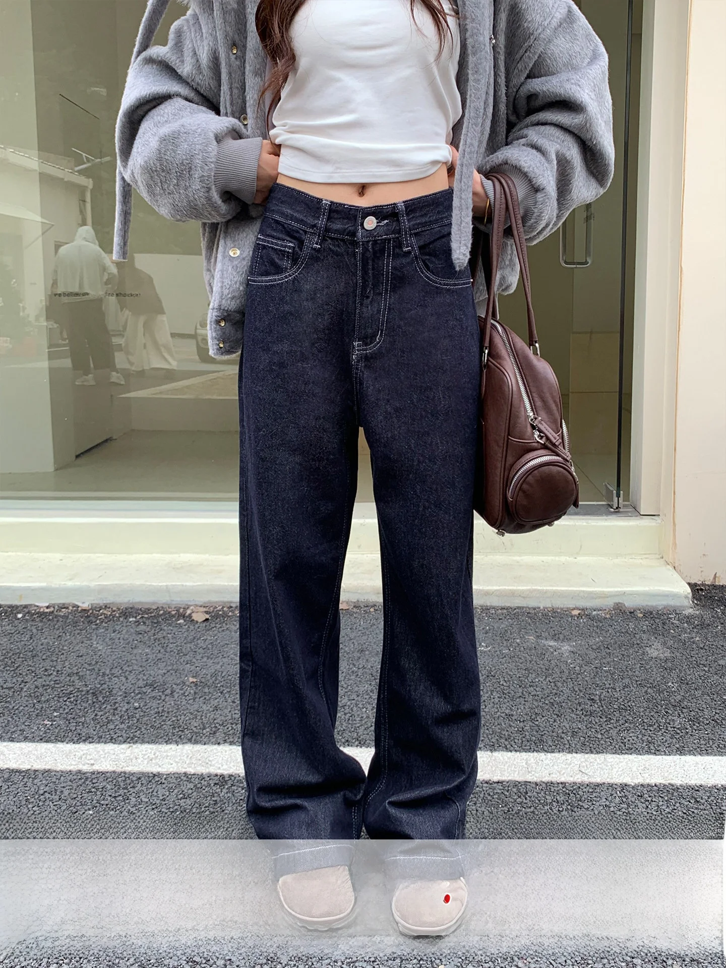 

Темно-синие прямые широкие брюки в стиле ретро, женские джинсы с высокой талией на молнии, осенние универсальные женские мода