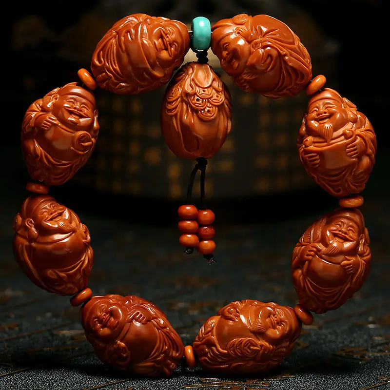 

Olive Nut Engraved Bracelet Eight Treasures God of Wealth 20 Large Seeds Stone Carving Pieces Hand Carved Wea