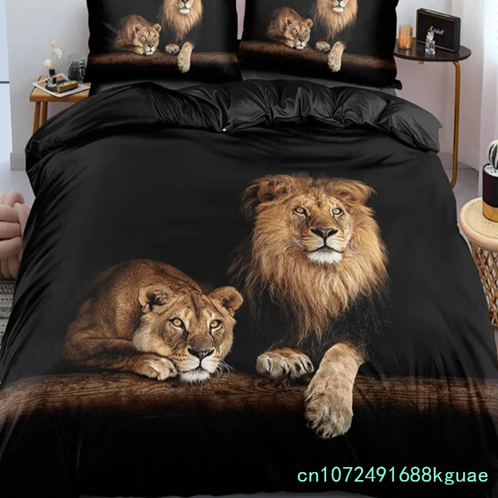 Lion Duvet Cover Set Microfiber Couple Bedding Set For Boys Teens 3D Animal Print Comforter Cover African Wildlife Quilt Cover