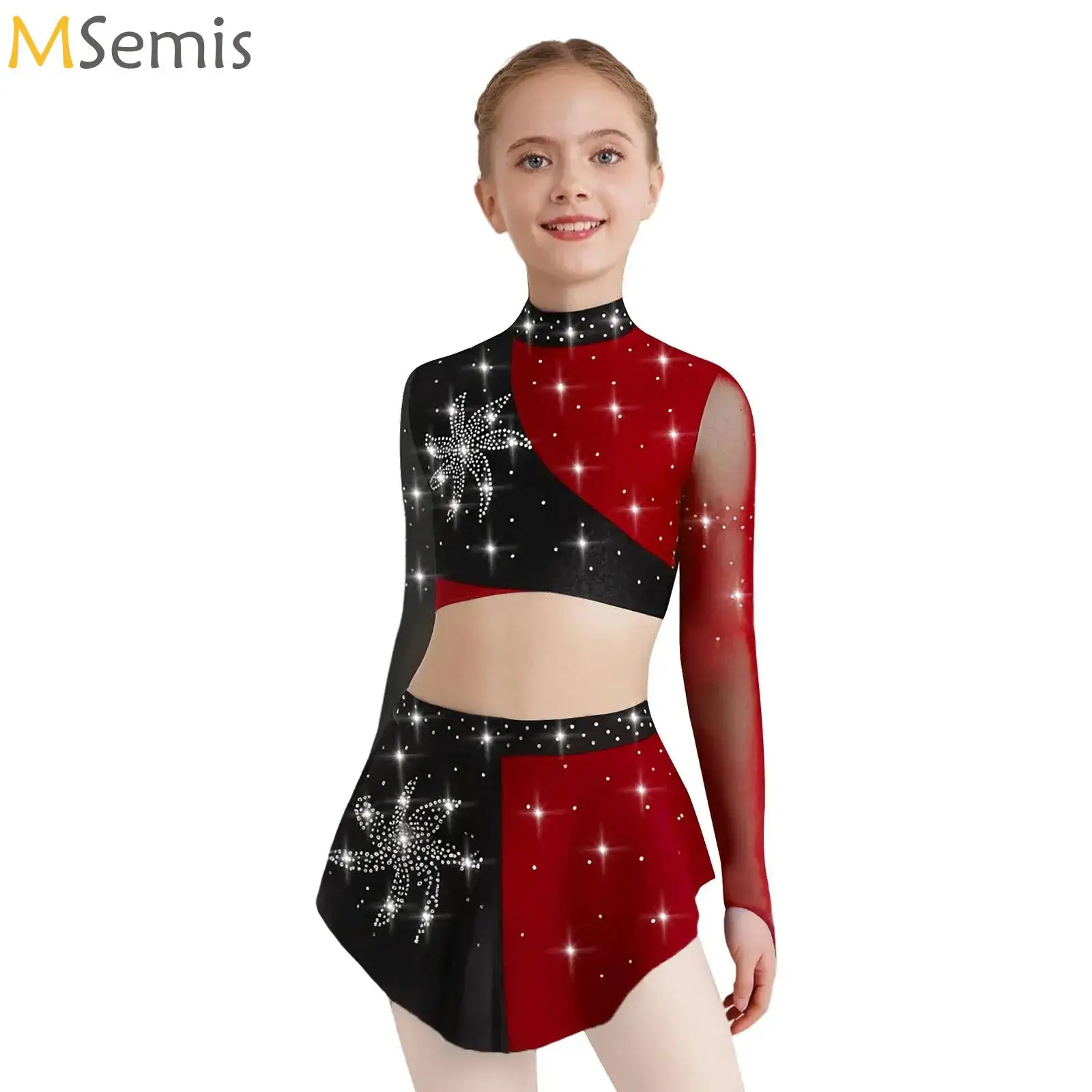 

Современный лирический танцевальный сценический костюм для подростков, детский костюм для фигурного катания для девочек, балета, гимнастики, джаза, укороченный топ с юбкой