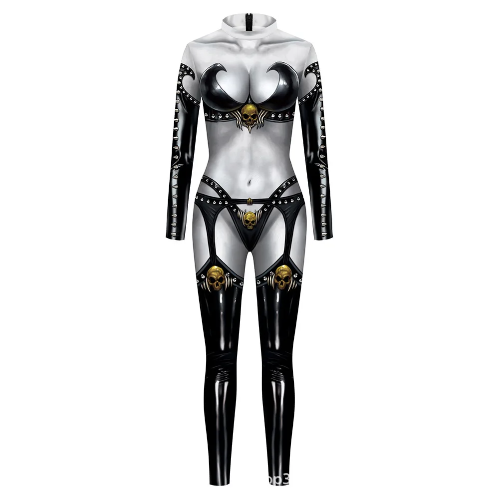Halloween Sexy Damen Kostüm mit Digitaldruck, Karneval Bodysuit mit Reißverschluss, Party Cosplay Jumpsuit Outfit – Detail 3