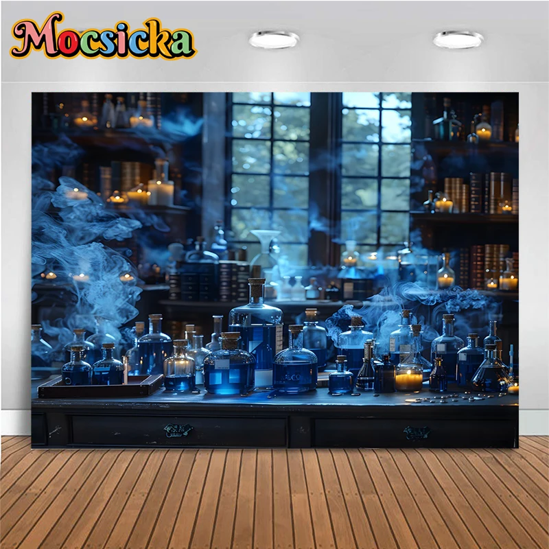 Blue Laboratory Photography Backdrop Halloween Haunted House Potions Baby Shower Photo Background For Children Decoration Studio