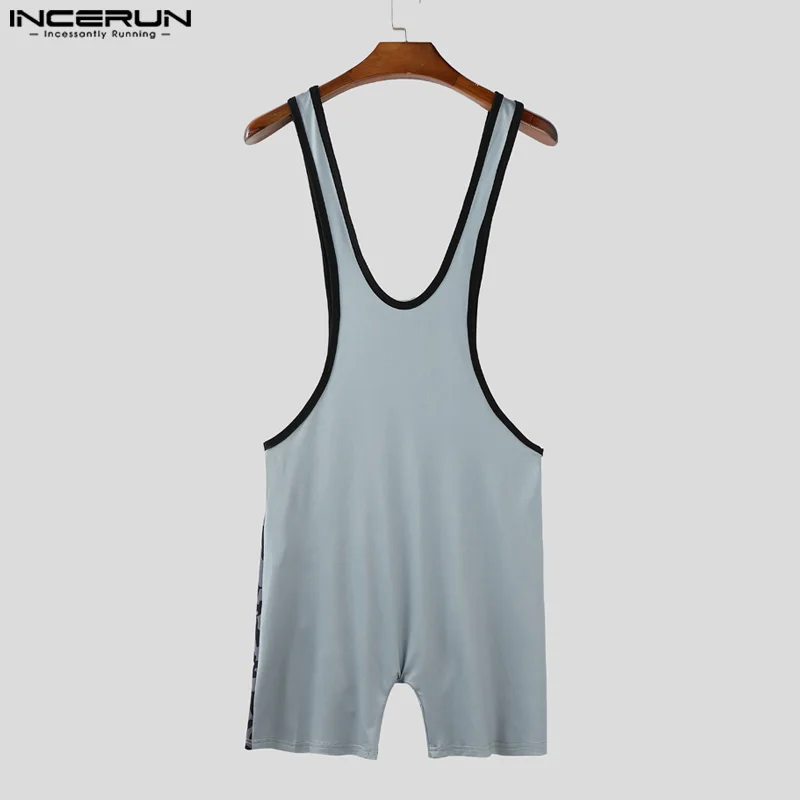 INCERUN Männer Bodys Druck Patchwork Farbe-block Oansatz Ärmellose Männliche Strampler Playsuits Workout Gemütliche Dünne Body Männer