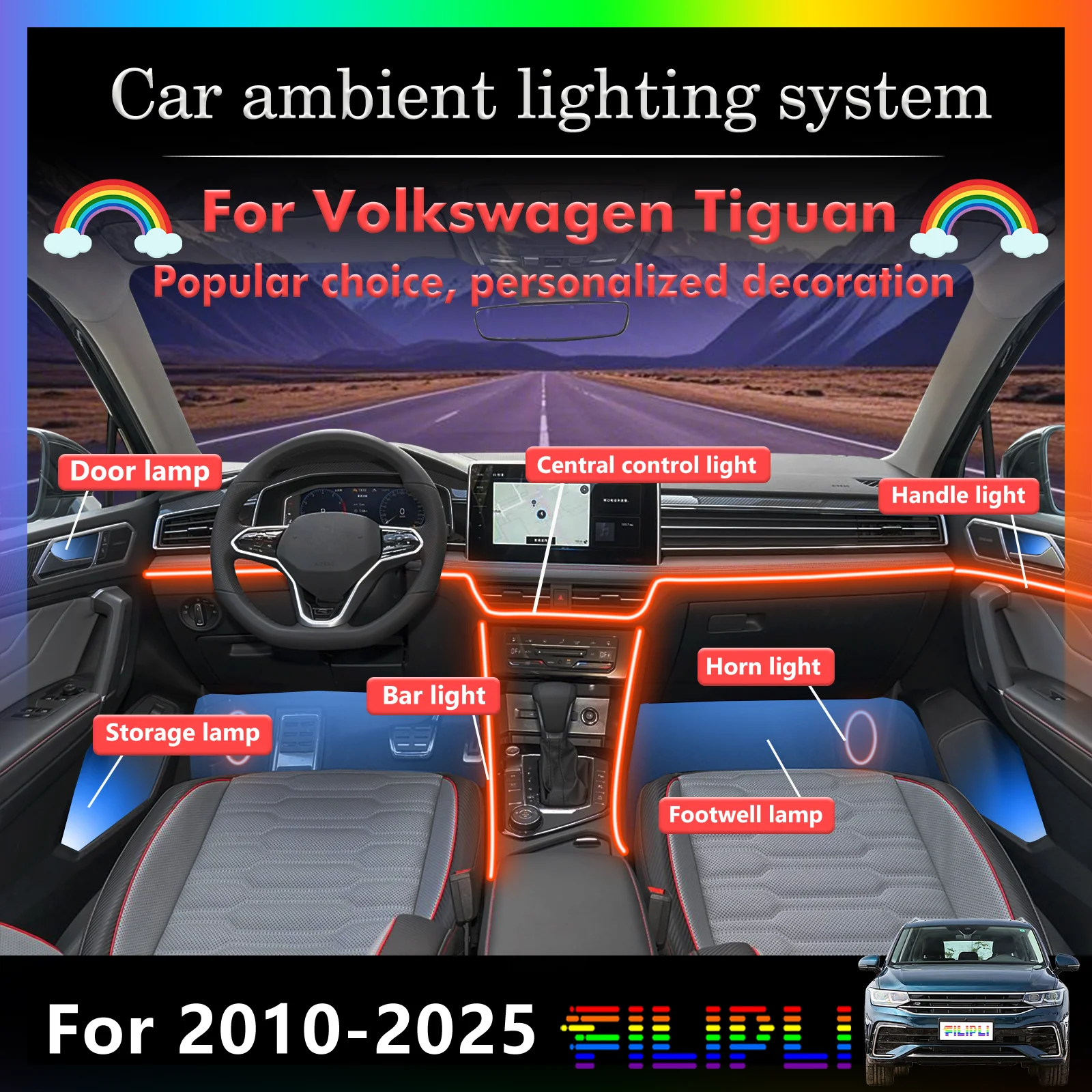22 In1 for Volkswagen Tharu series MQB‌ Car LED Ambient Lamps Colorful Atmosphere Lights Auto Interior Neon Strip 64 RGB Light