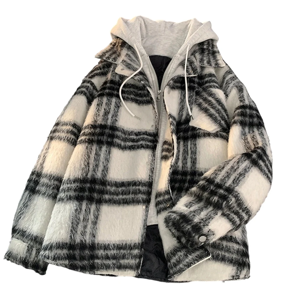 

Men's Plaid Fake Two Piece Jacket Loose Fit Casual Cardigan Outerwear with Hooded Neckline Long Sleeve for Spring Autumn Season