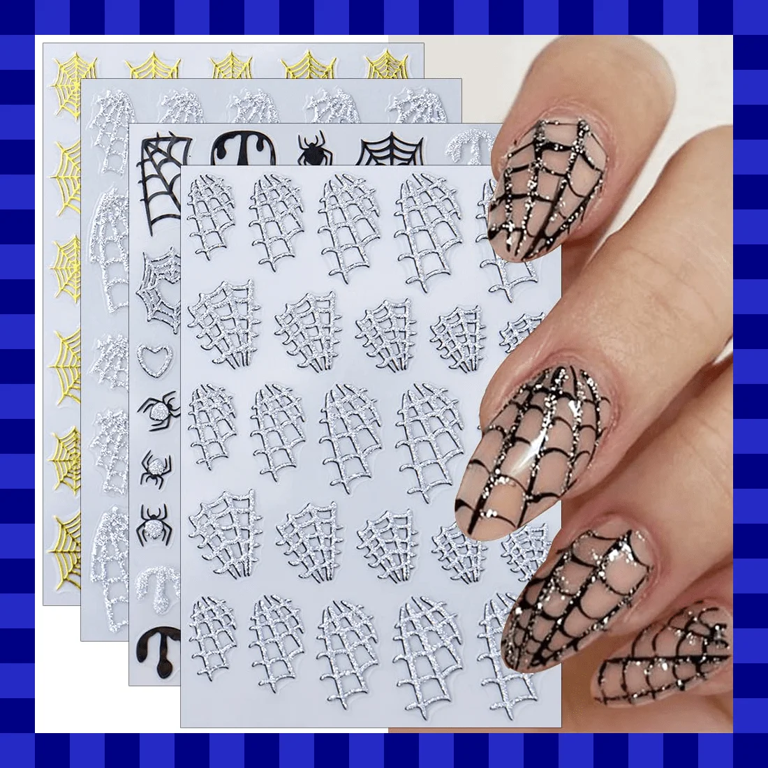 3D Spiderweb Nail Stickers, Gothic Gold Self-Adhesive Nail Art Decorations