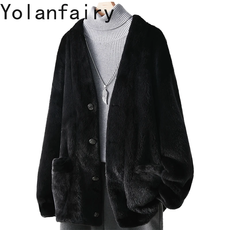 YOLANFAIRY Natural Fur Coat Man Clothes Autumn Winter Real Whole Mink Fur Jacket Men Luxury 2025 V-neck Black Fur Coats Jackets