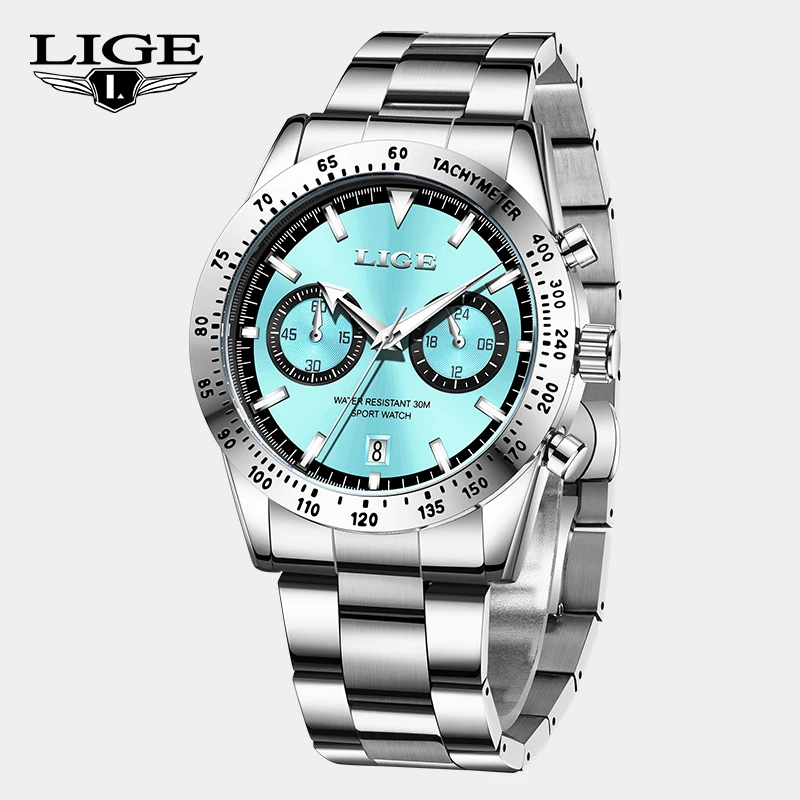 

LIGE Luxury Man Watch Stainless Steel Chronograph Calendar Quartz Watches Sky Blue Dial Waterproof Business Men's Watches Clock