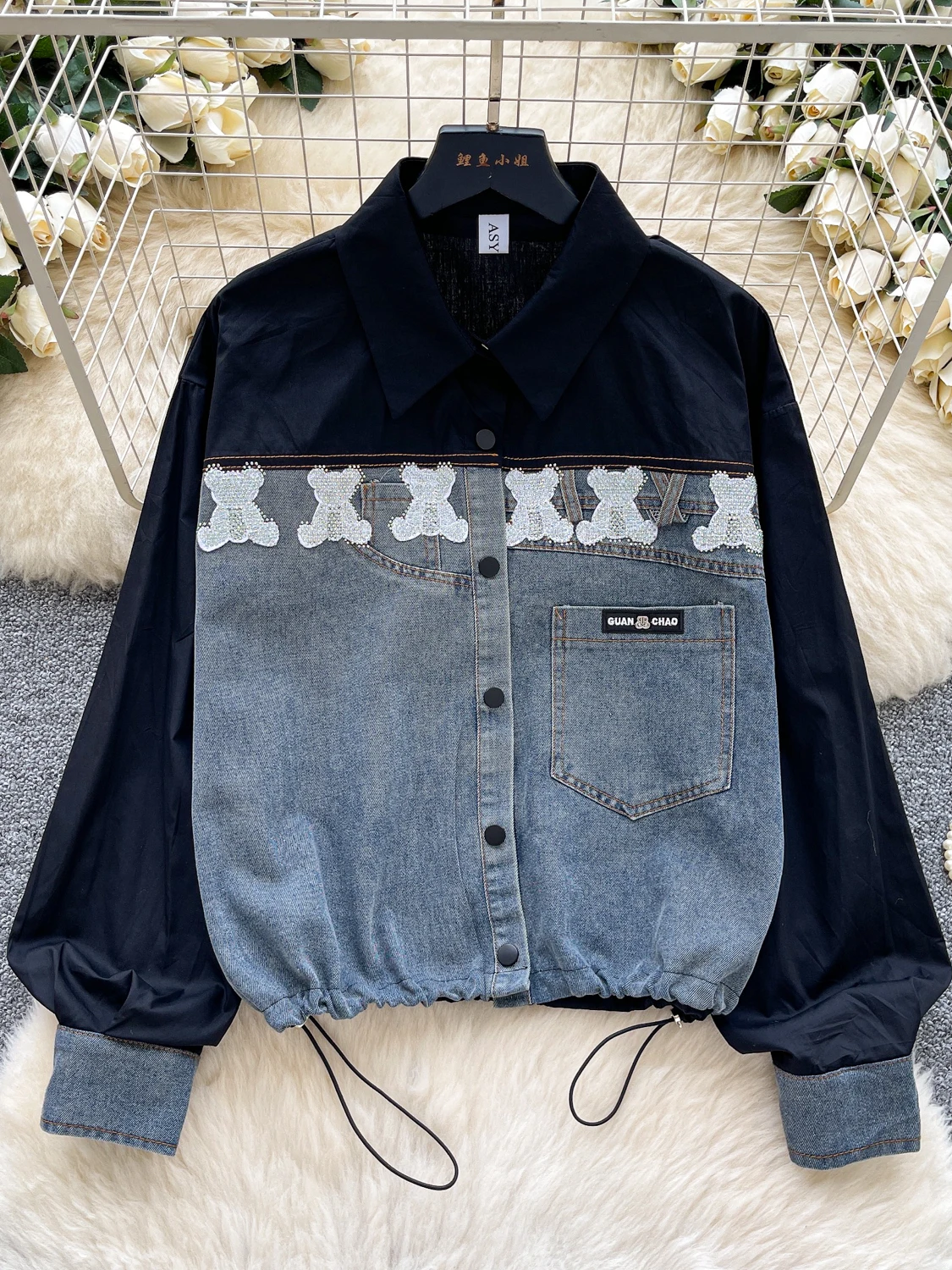 Faionable brodé couleur Blo Long Sve femmes Jaet automne polyvalent respirant coréen Sle Polyester Fiber irt