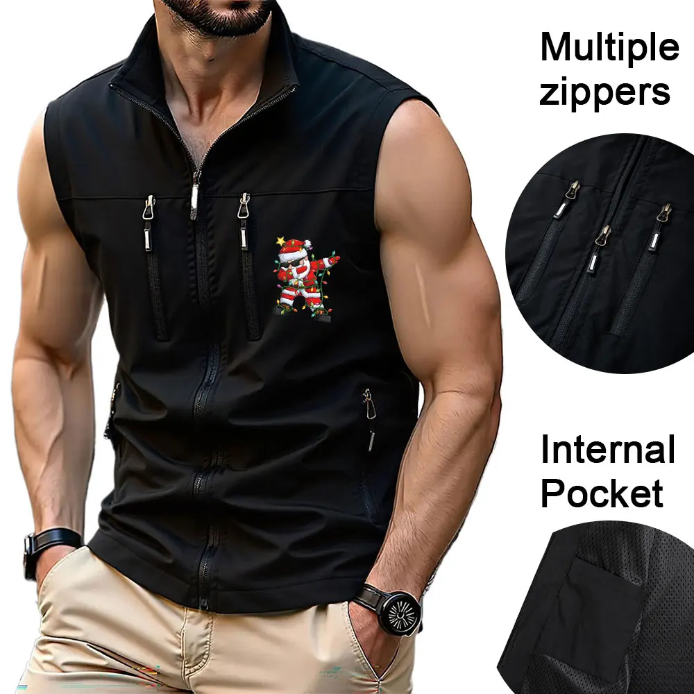 

Men’s Vests Coat Stand Collar Cartoon Santa Claus Printing Multiple Zipper Vest Jacket Suitable for Autumn Sports Running Vest