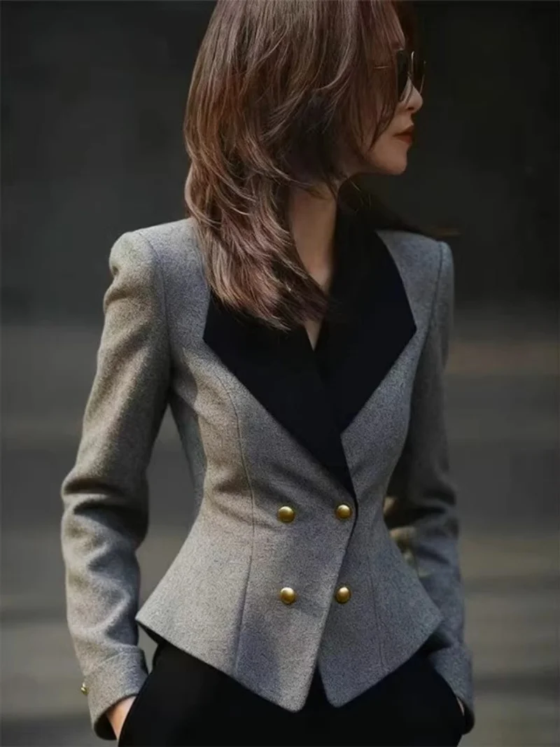 Women‘s Double Breasted Blazer Contrast Color Spliced Lapel Slim Fit Suit Jacket, Business Commuting Office Wear, Spring w1911