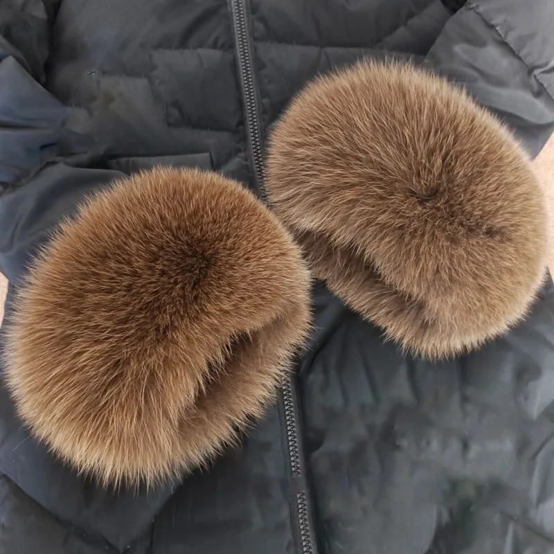 Puños de piel de zorro auténtica para mujer, calentador de brazo de felpa a prueba de viento, mangas para muñeca, guantes, pulsera con pompón, accesorio para mangas
