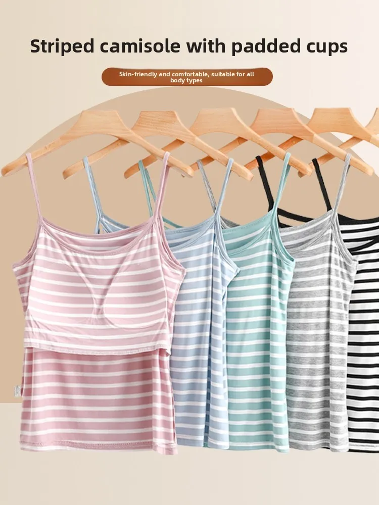 Women's Modal Strap Vest Summer Thin Stripe Sleeveless Top Integrated Cup Base Shirt Versatile Style Regular Length