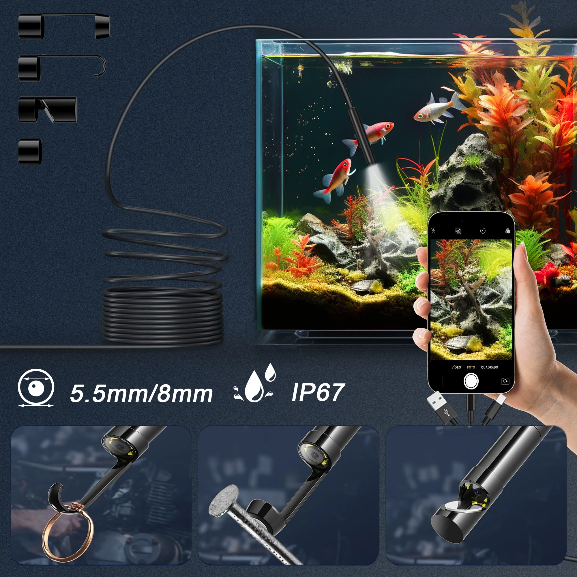 Câmera de inspeção endoscópica 3 em 1, para micro usb/tipo-c/ios iphone, à prova d'água, tubulação industrial de esgoto, boroscópio de carro 1080p hd