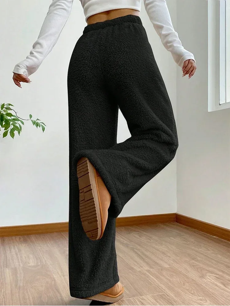 Pantaloni lunghi da donna in peluche tinta unita caldo invernale con coulisse pantaloni sportivi termici a vita alta pantaloni casual dritti e soffici da donna