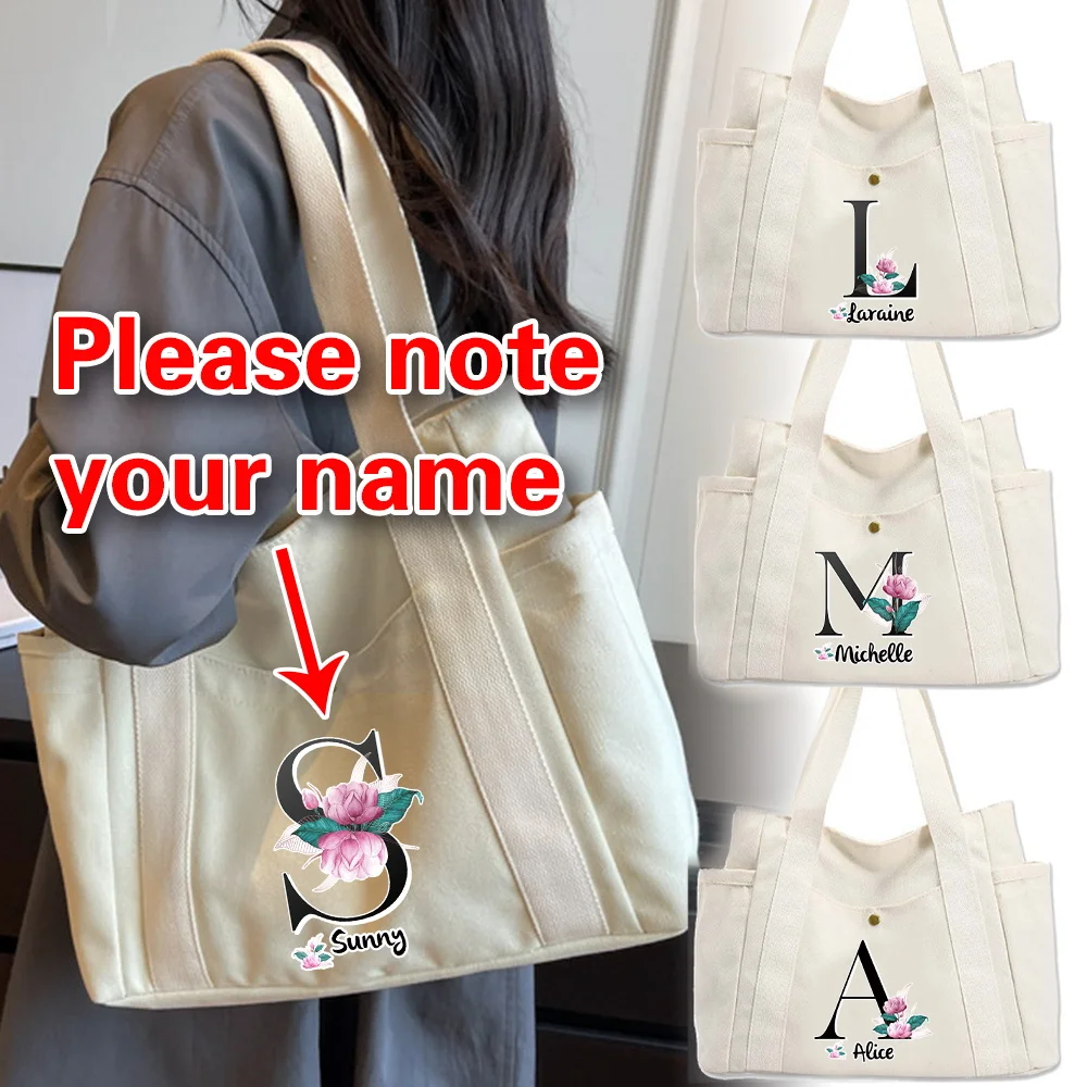 

Customized Black Letter Printed Women's Canvas Shoulder Bag Fashionable Shopping Bag Outdoor Travel Work Commuting Storage Bag