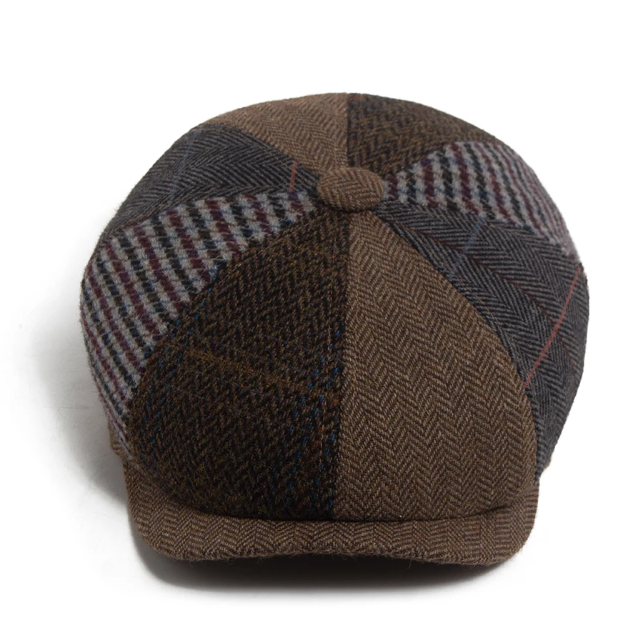 Vintage Newsboy Cap Men Herringbone Plaid Patchwork Pattern Women Beret Autumn Winter Warm Male Flat Caps Octagonal Hat Elastic