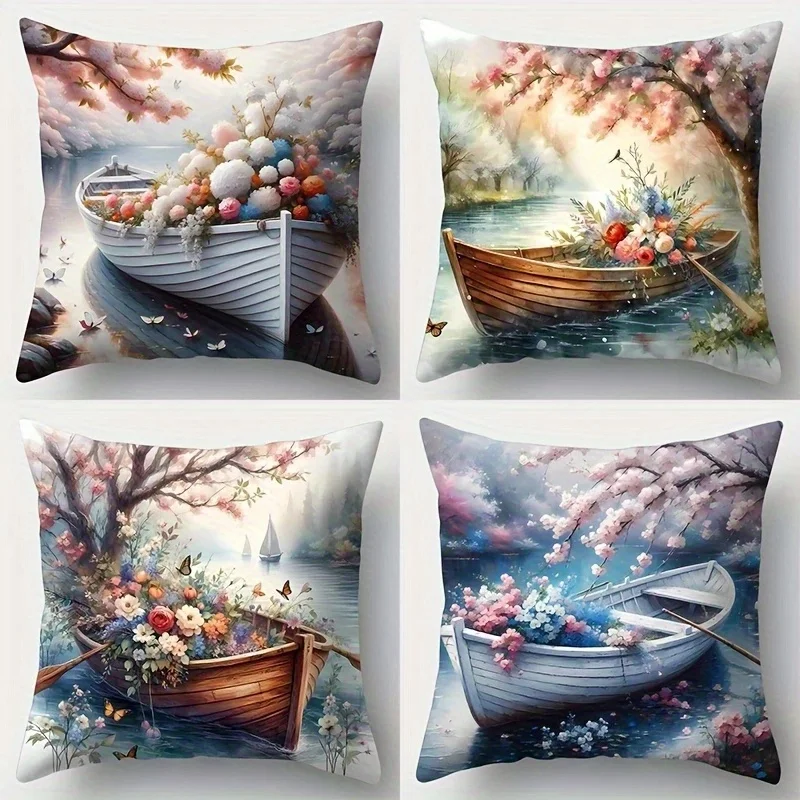

4pcs Flower Ship Theme digital printing pillow cover Short plush Suitable living rooms bedrooms sofas throw cushion cover