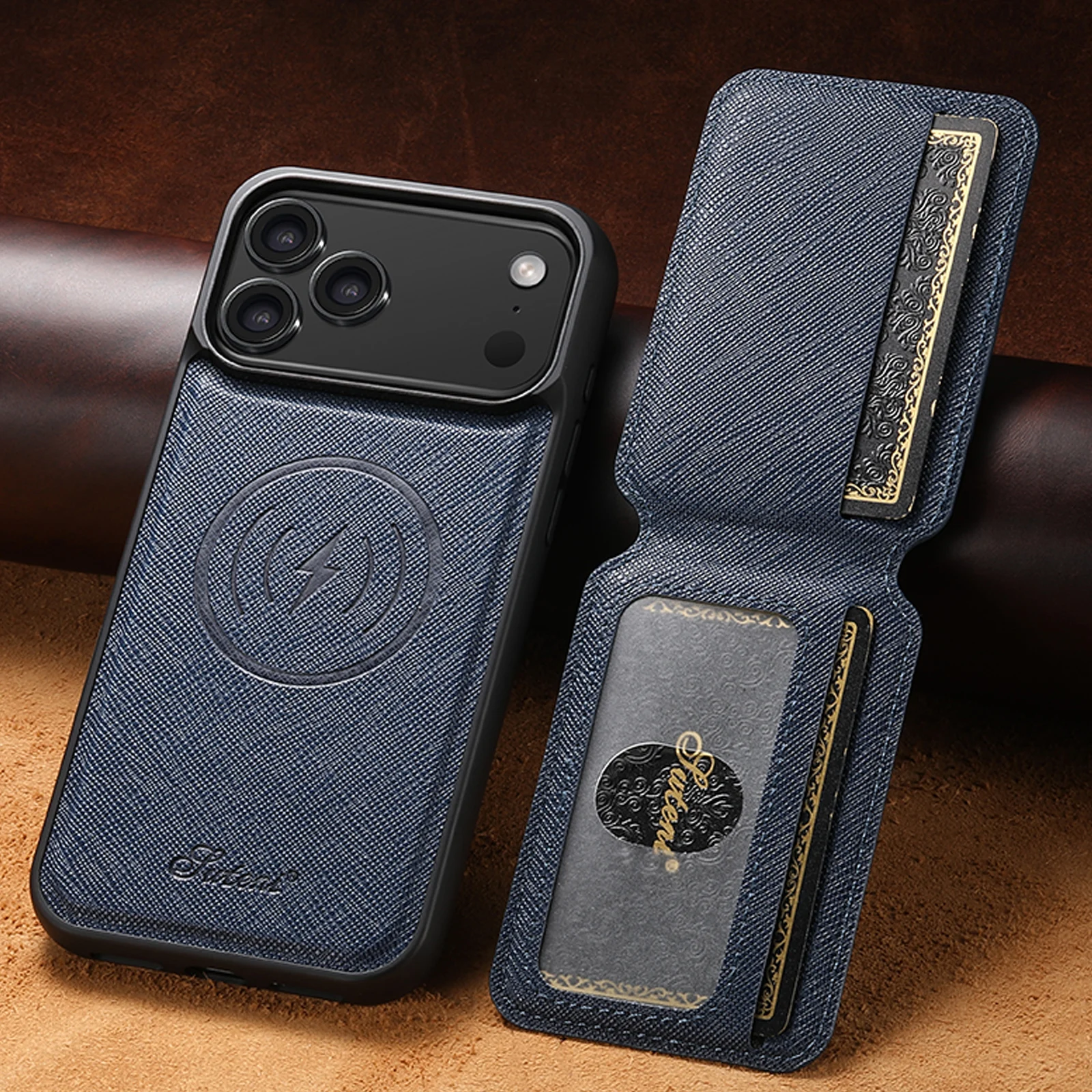 Capa de Celular SUTENI com Carregamento Sem Fio, Suporte Magnético para Cartões e Couro Sintético para iPhone 17 Pro Max 16 Plus 15 14 13 12