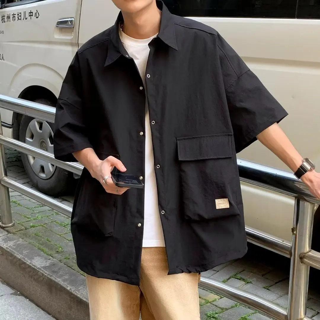 Men's Retro Large Pocket Cargo Shirt Jacket Coat Summer Loose Casual Short Sleeved Shirt for Men Y2k Japan Korea Streetwear