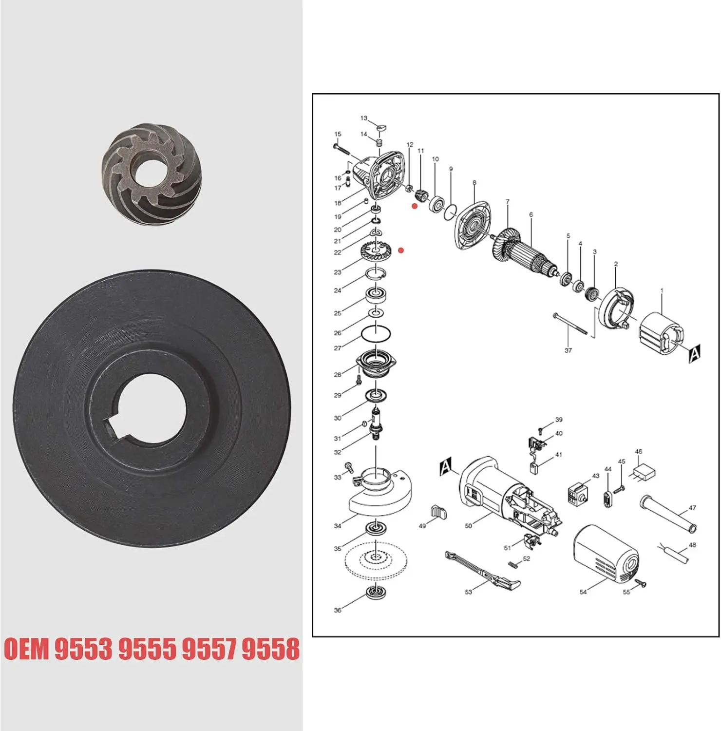 2Pcs Spiral Bevel Gear Kit For 9553-9555 9557 9558 Angle Grinder 11 Tooth Spiral Bevel Pinion Set Electric Tool Replacement Part