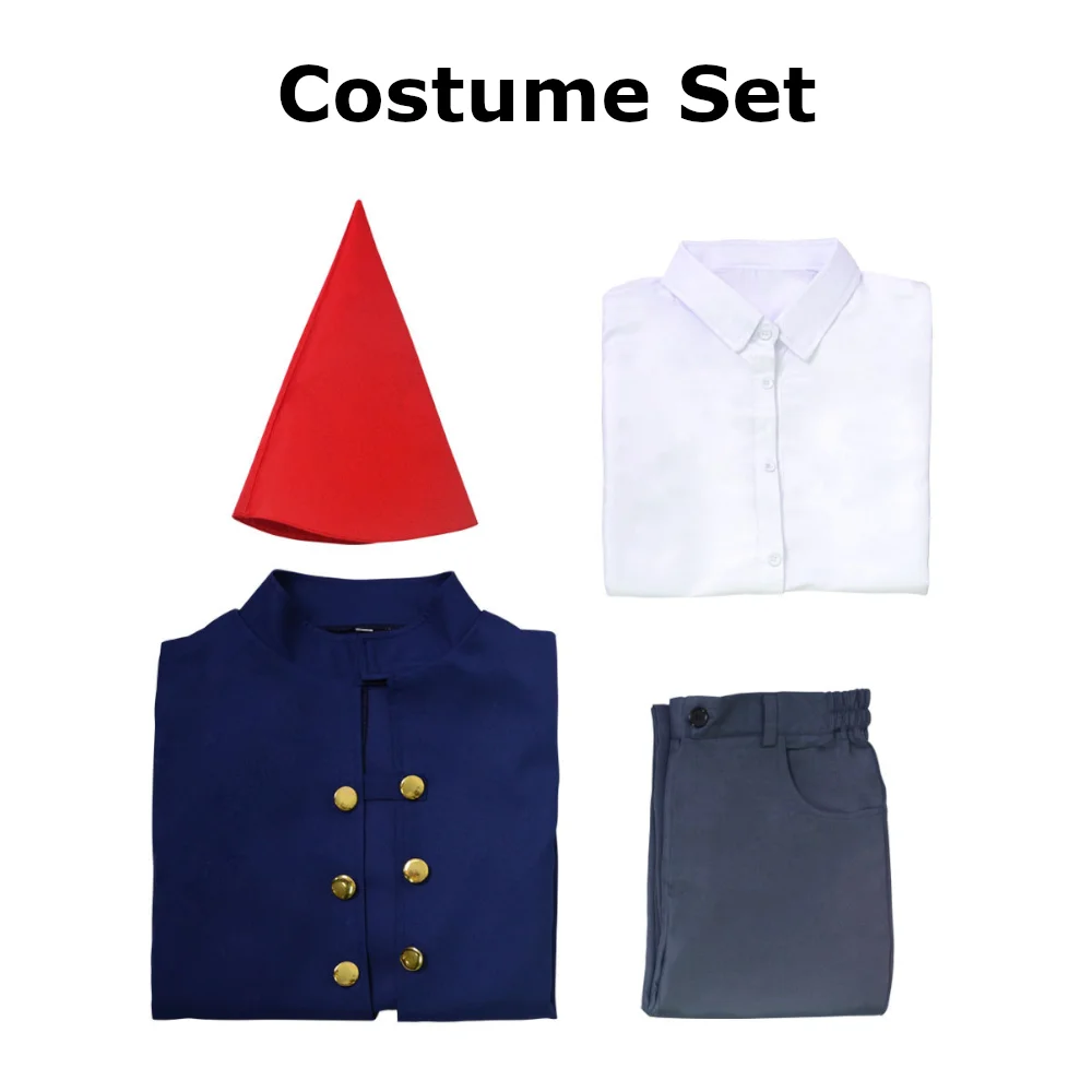 Wirt Cosplay Costume Over the Garden Wall Outfit for Men Red Pointed Hat Navy Blue Cape Halloween Gothic Party Carnival Uniform
