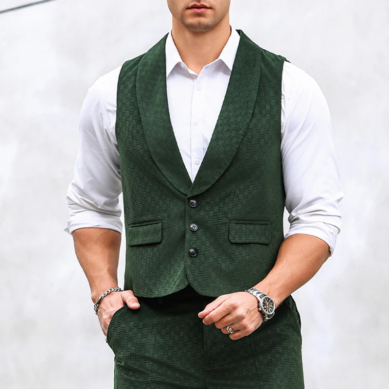 Fashionable Mens Textured Suit Jackets Sleeveless Button-up V Neck Lapel Waistcoats Men Spring Fall Casual Slim Fit Vest Jacket