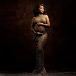 Stretchy Tull Maternity Dress Photography Props Sexy Shiny Drill Pregnancy Woman Clothes Gown Goddess Clothing Photoshoot