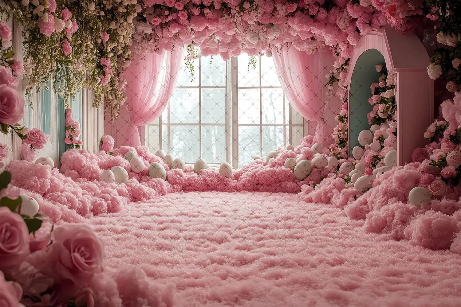 Mehofond写真の背景、春のイースターの花の卵ショップの窓、子供の誕生日パーティーの肖像画の装飾、背景写真スタジオ