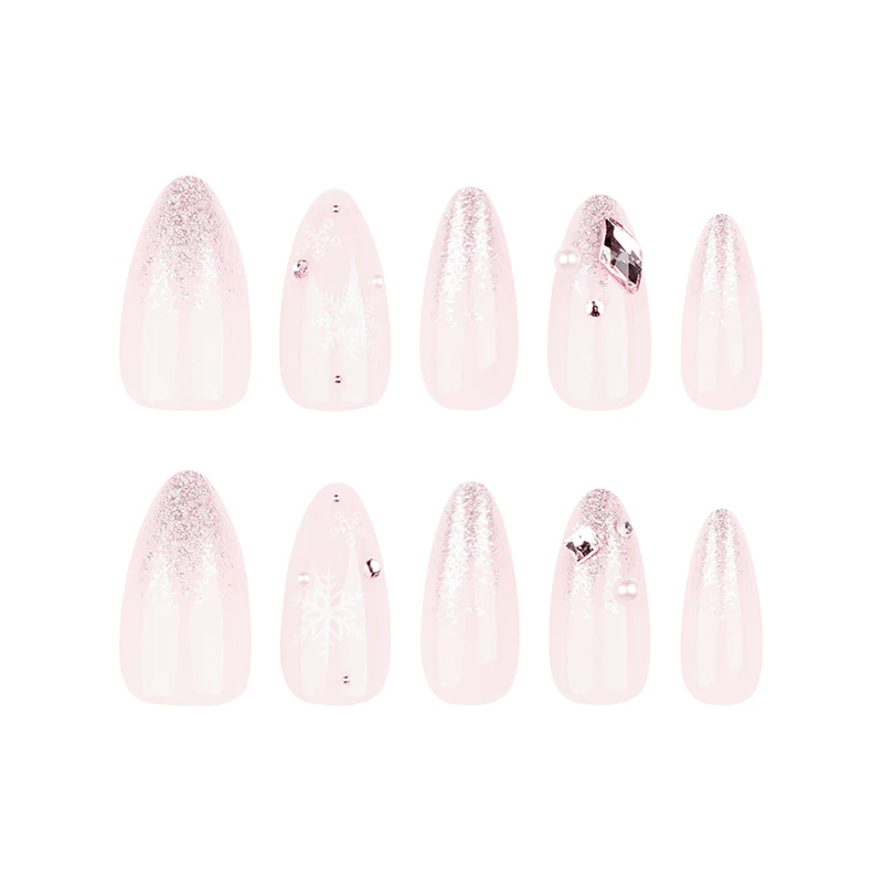 24Pcs French Glitter Christmas Press on Nail Snowflake Glitter Diamond Nude Color False Nails for Women&Girl Removable Nail