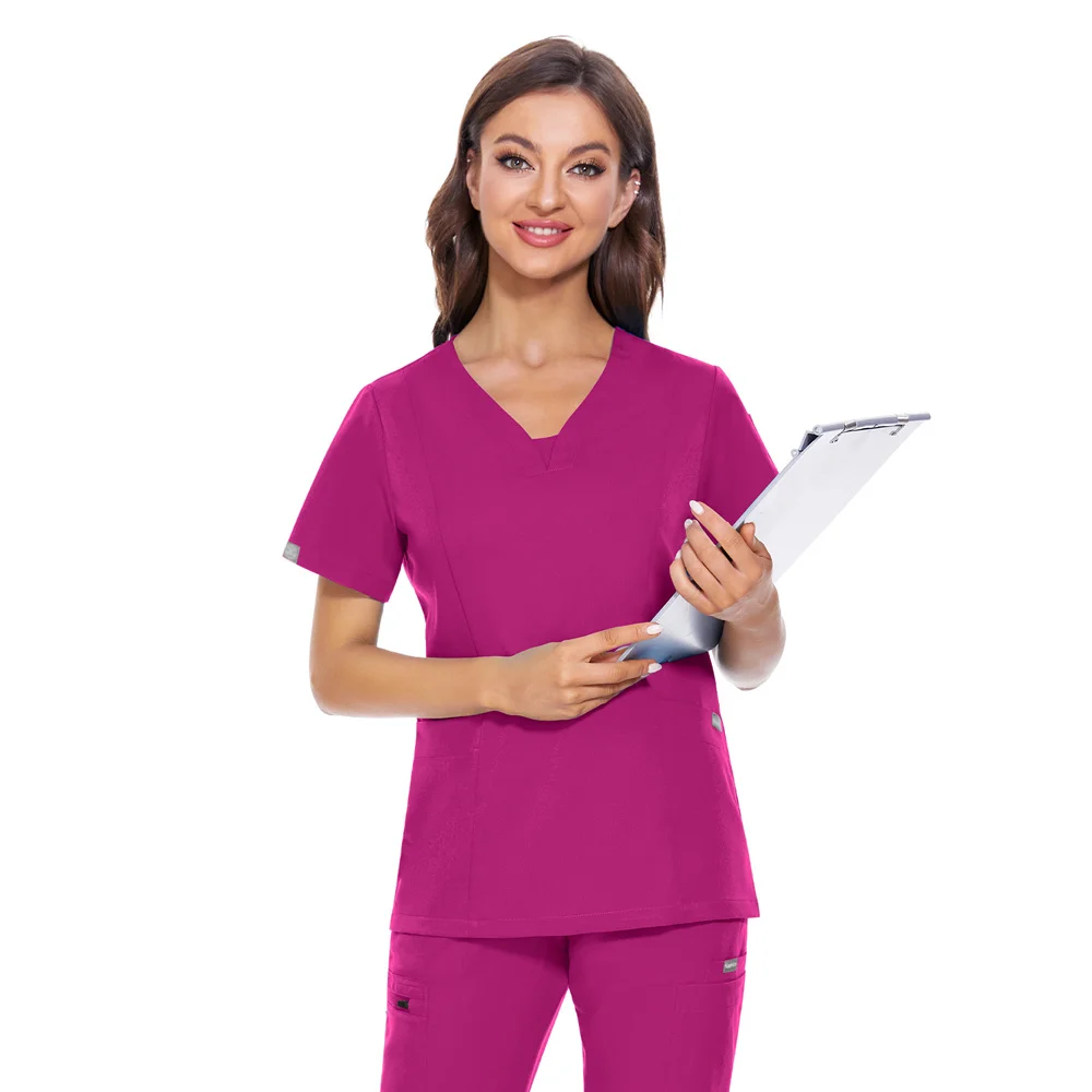 Moda medica trabalho uniforme hotel manga curta topos clínica workwear v-neck esfrega topos farmácia blusas pet scrubs traje