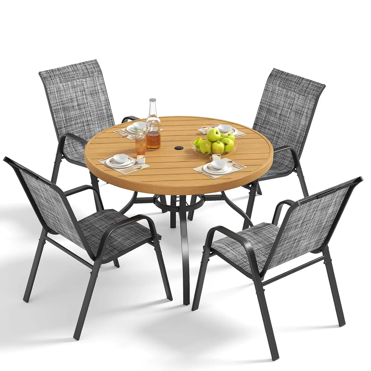 Patio Dining Set 4, 5pc Round Metal Wood-Grain Table with Umbrella Hole & 4 Stackable Chairs for Deck Backyard Porch, Customized