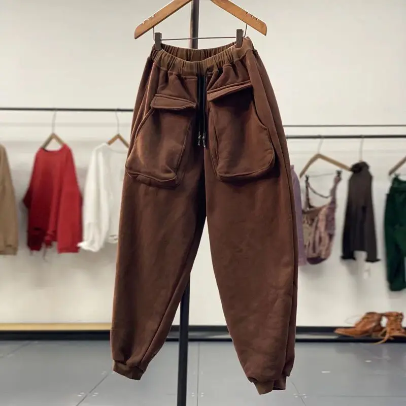 Calça Harlan feminina casual, bolso com cordão elástico, guarda grossa, cinto solto, monocromático, cintura alta, moda coreana, outono, inverno, nova