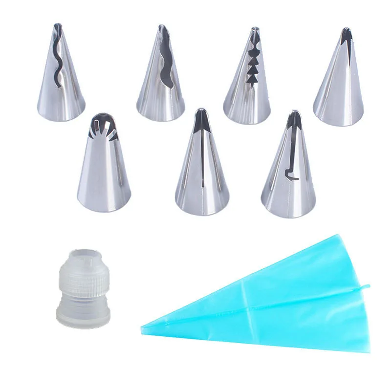 

9pcs/set Cake Nozzle Design Converter Decorating Pouch Pleated Skirt Cream Mouth Tips