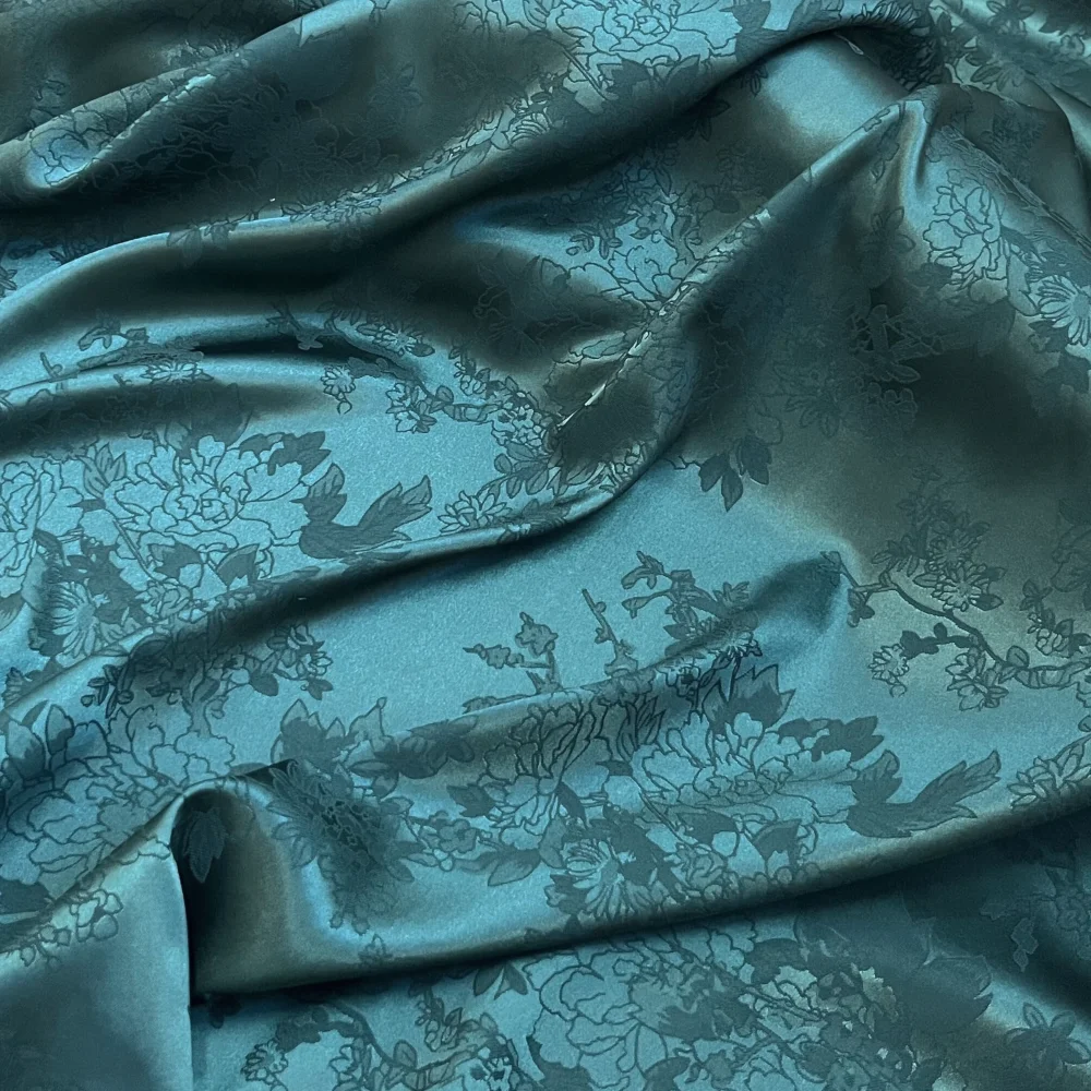 Polyester Faux Silky Floral Jacquard Satin Fabric for Sewing Dress and Sleep Wear, Green Drape Fabric, Sold by Yard