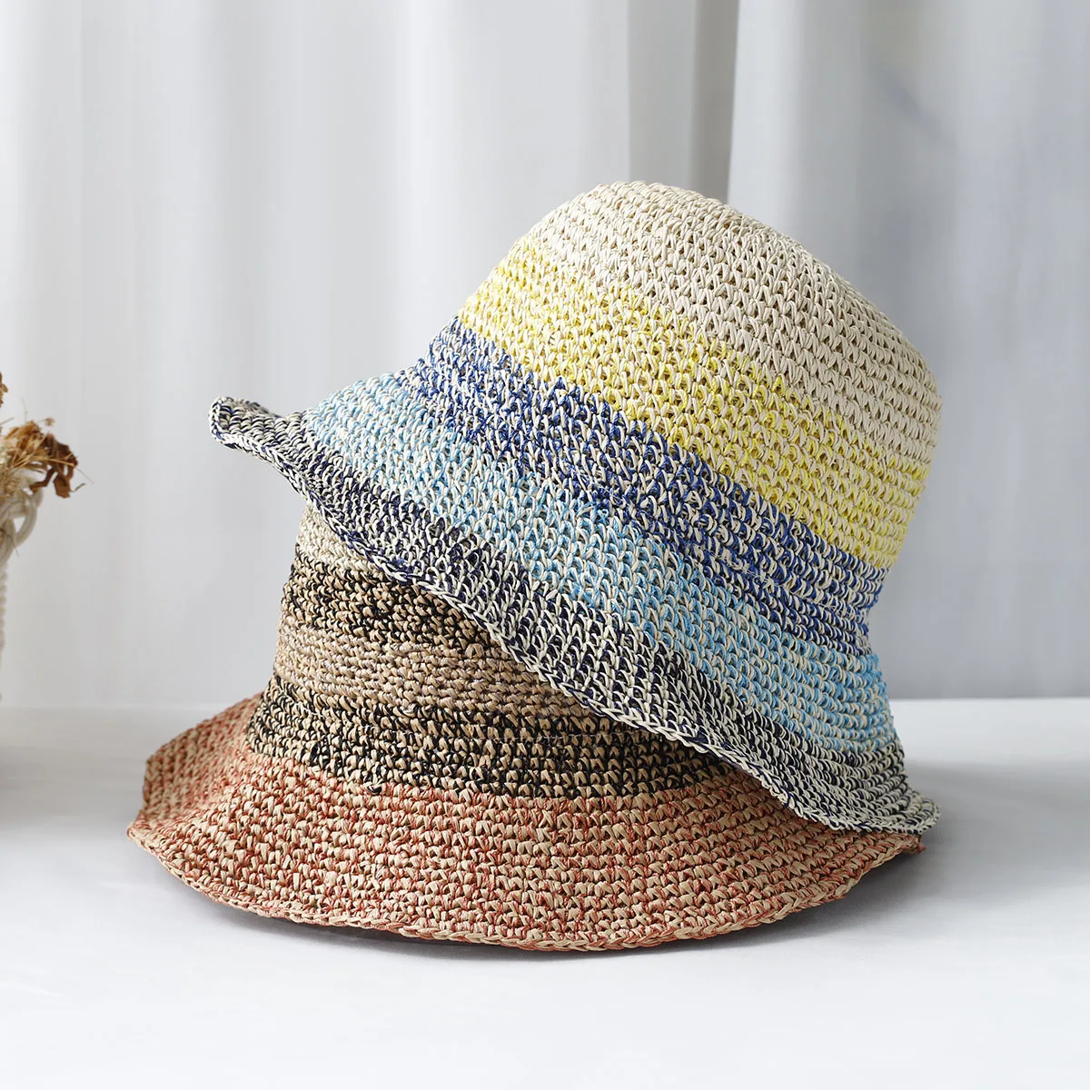 2024 summer Women's bucket hat Straw made rainbow Crochet foldable parent-child Panama hat children female beach sun visor Cap