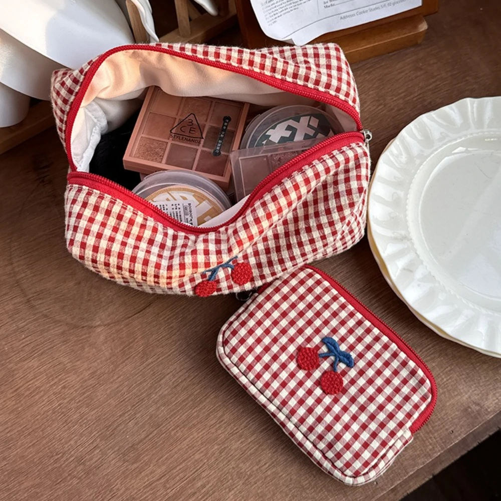 Red Checkered Cherry Makeup Bag Portable Cosmetic Bag Travel Organizer Card Holder Large-Capacity Makeup Coin Pouch