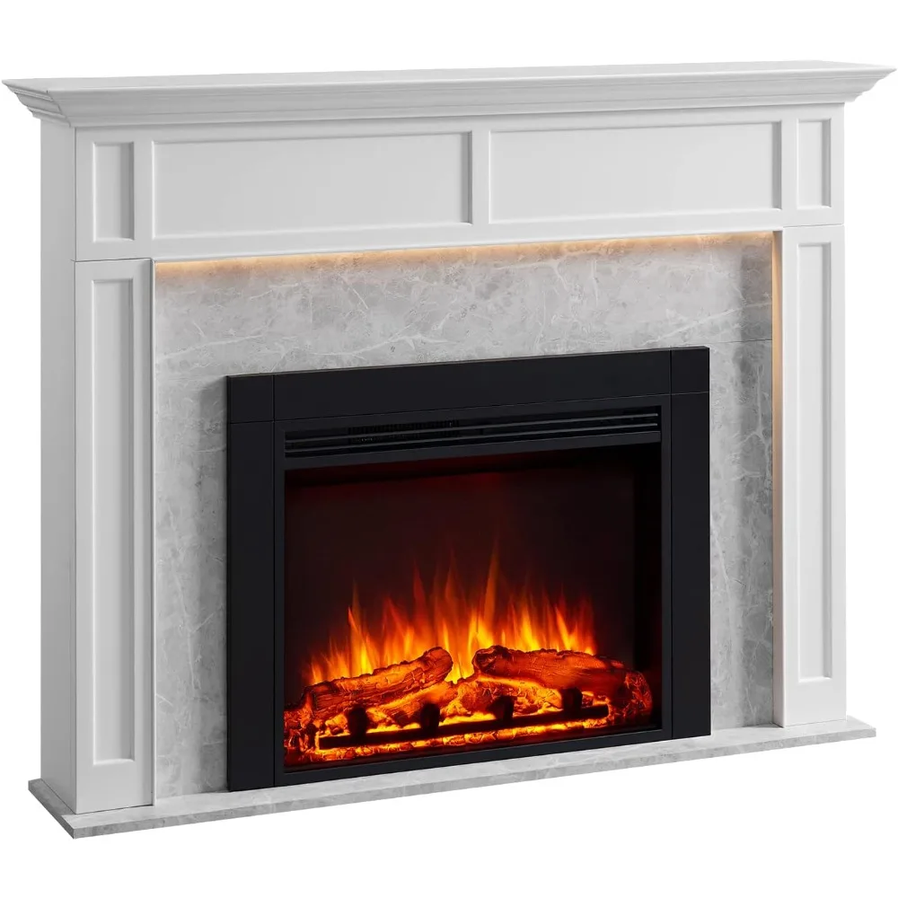 

Ashley Electric Fireplace with 56" Mantel Surround and Jaden 32" Insert, Cream White with Light Grey Marble Finish